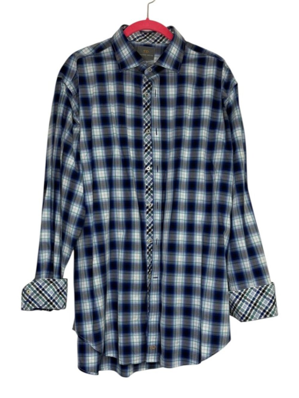 Thomas Dean Blue Plaid Long Sleeve Shirt With Patterned Cuffs - Size XL/TG